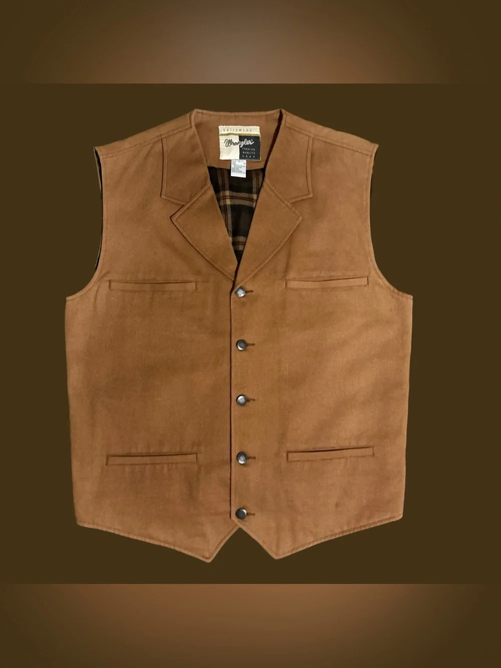 Vintage Wrangler Premium Quality Tan Plaid Lined Western Vest Large